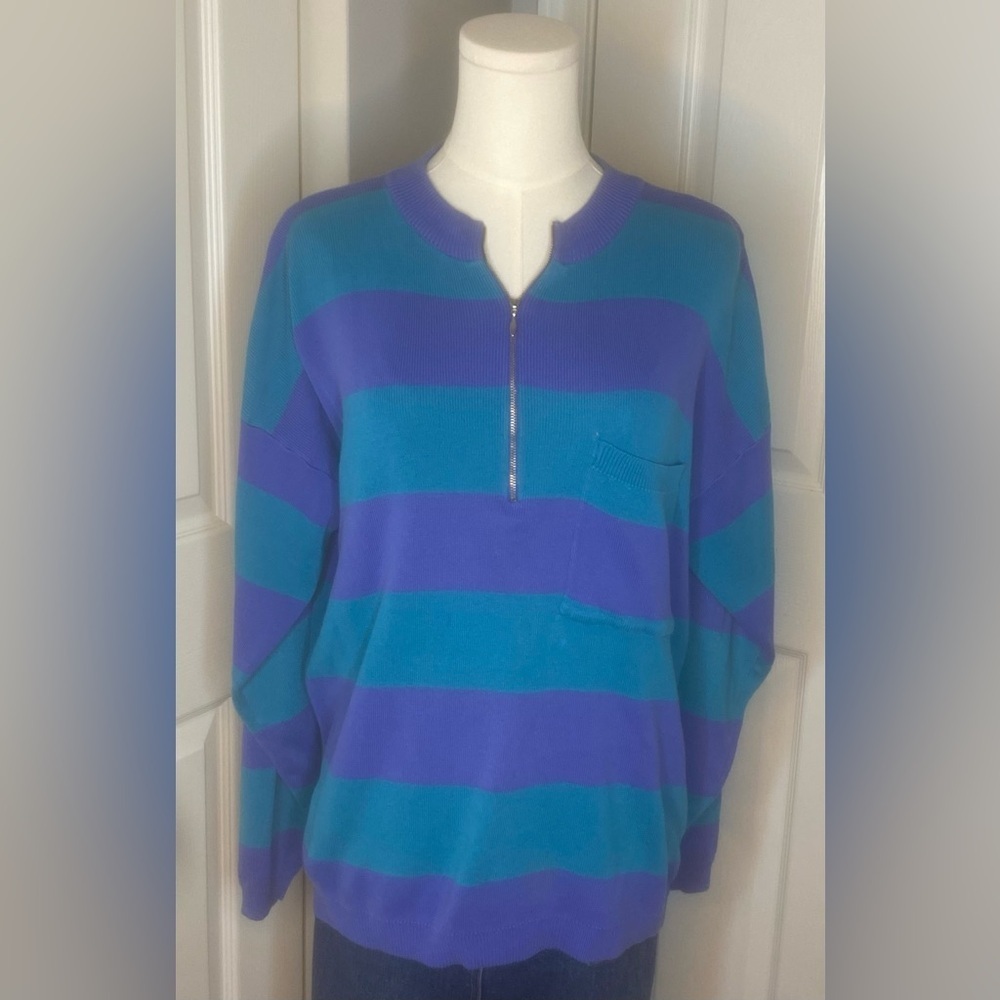 Vintage Men's Zip Up Sweater in Blue and Purple Stripes